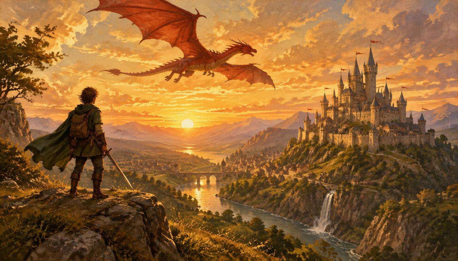 Aventureiro observa um dragão voando sobre o castelo